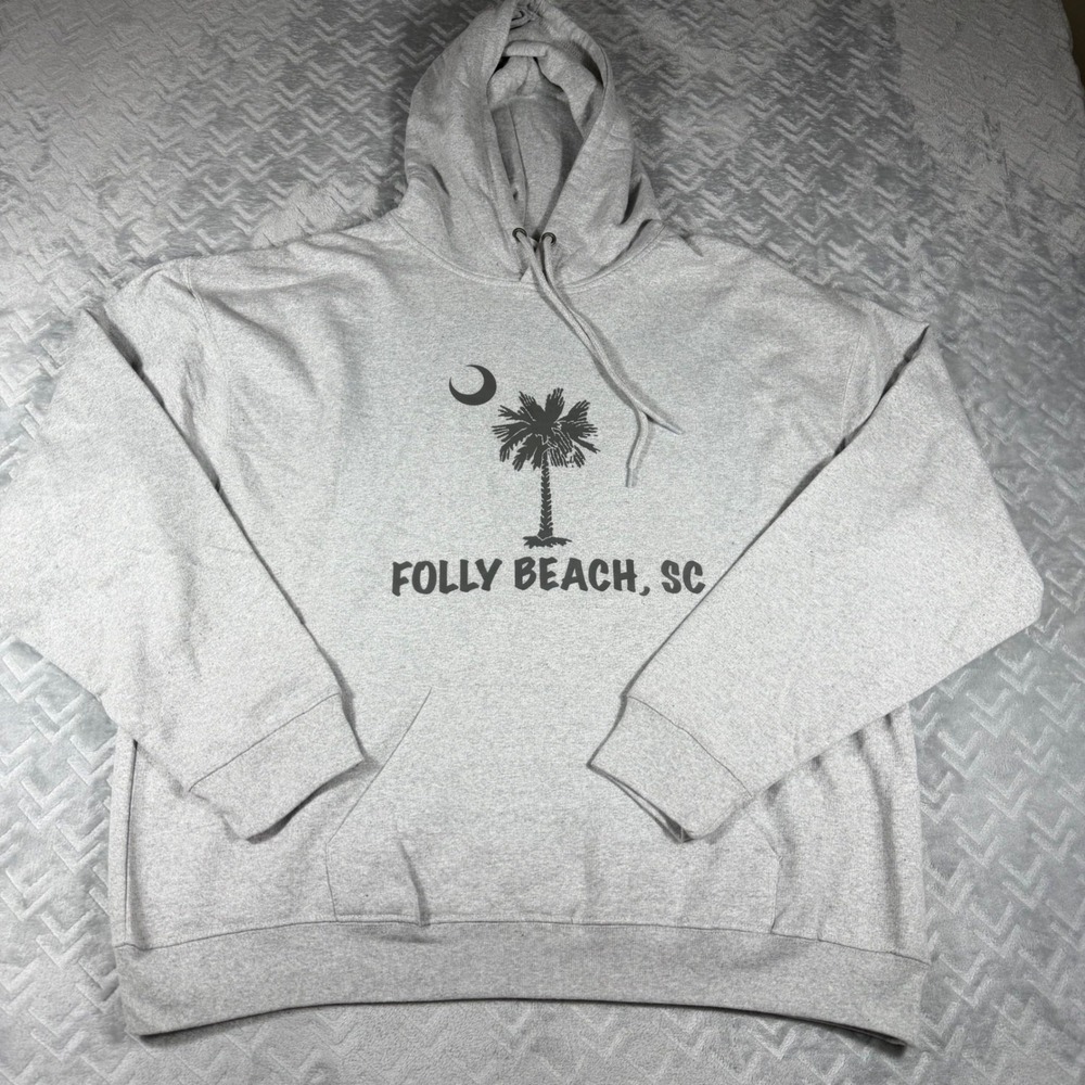 Pacific & Co Hoodie Mens XL Gray Heavy Folly Beach SC Palm Tree‎ Graphic